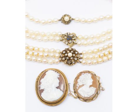Three cultured pearl necklaces, to include a three strand necklace with pearl set 9ct gold clasp, pearls measuring approx 5.5