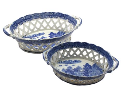 Two Spode blue and white oval twin handled baskets, transfer printed with the Forest landscape pattern. Circa 1815-, approx. 