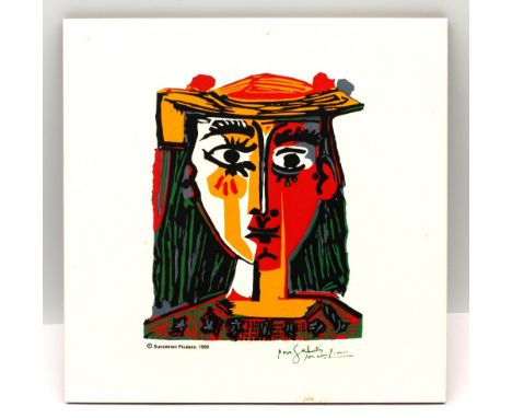 Succesion Picasso ceramic plaque, of square shape, with printed central abstract design of a lady, signature under and printe