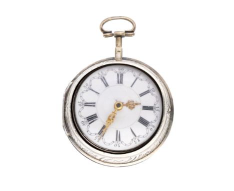 A Homan late 18th century silver pair cased verge pocket watch, comprising a white enamel dial with Roman numerals and Arabic