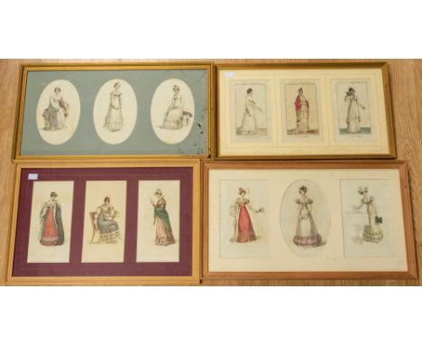 Four early 19th century framed and glazed coloured print trios, one of ladies in "Paris Dress" x3, engraved for the Ladies Ma