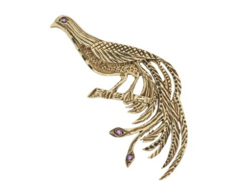 A 9ct gold stylized bird brooch, with stone set eye, length approx 48mm, pinand roller clasp, weight approx 5gms .  Further d