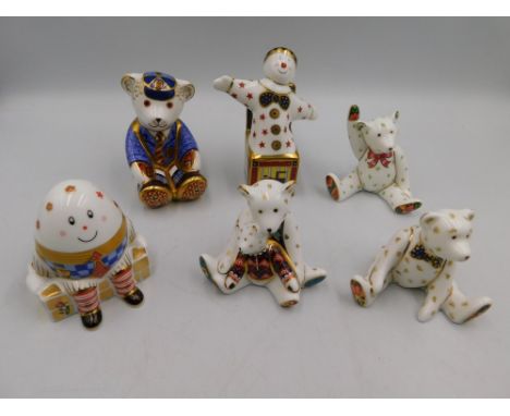 A collection of 6 Royal Crown Derby paperweights to include four teddies, Jack in a box and Humpty Dumpty. 5 with no stoppers