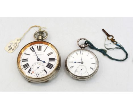 A Victorian silver case open faced pocket watch, comprising a white enamel dial with numeral markers, subsidiary dial at 6, k