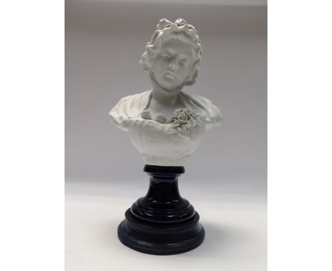 An early 20th Century French parian bust on ceramic stand of a maiden, signed and stamped to back, 50cm high. in good conditi