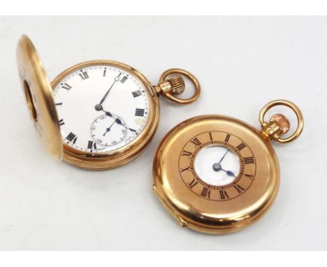 Two 9ct gold half hunter key less wind pocket watches, both with enamel dials, numeral markers, subsidiary dials at 6, wind a