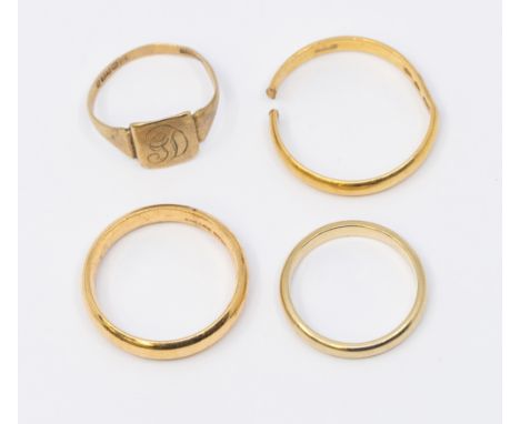 A weighable 22ct gold band (cut through) weight approx 3.5gms, a 9ct gold signet ring, size J1/2, a 9ct gold narrow band, siz