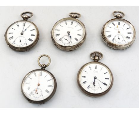 A collection of five silver cased pocket watches to include four open faced with enamel dials, numeral markers, subsidiary di