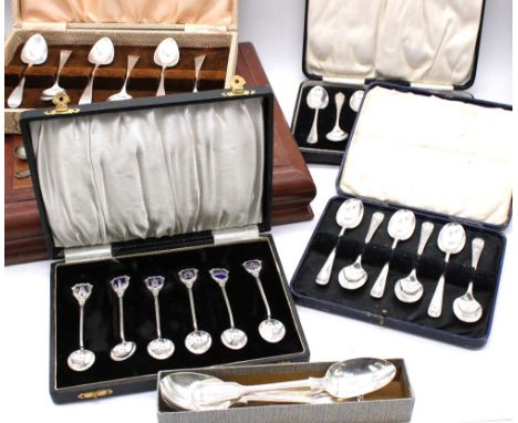 A collection of various silver teaspoons to include; a set of six Edwardian silver teaspoons, hallmarked by James & William D