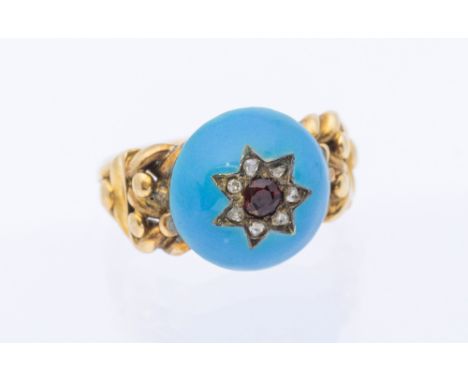 A Victorian enamel, diamond and garnet set gold ring, comprising a turquoise enamel dome with star motif, set with diamonds a