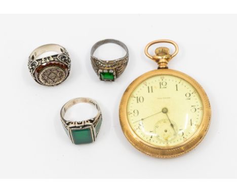 A Waltham plated pocket watch (missing subsidiary hand) along with Arabic ring, comprising a circular form with synthetic rub