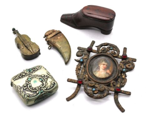 19th Century treen shoe snuff box, three plated vesta cases and a continental 19th Century plaque on stand with miniature por