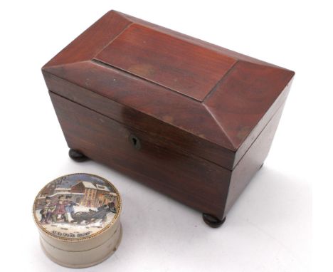 19th Century mahogany tea caddy for green and black tea along with Pratt ware pate pot with lid, with transfer scene.