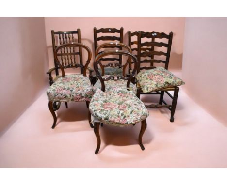 A collection of 19th Century chairs to include three Victorian mahogany balloon backs, three Victorian country kitchen ladder