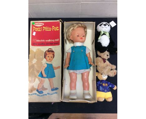 A boxed 1960s Patti Pitta Pat 21" electronic walking doll by Palitoy, in original box along with a Steiff and two Harrod's be