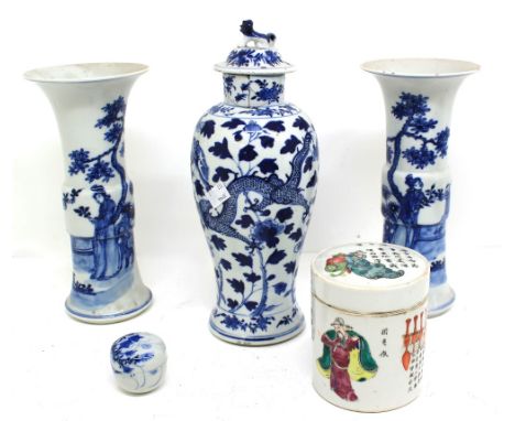 A pair of Chinese blue and white 19th Century export vases, Chenghua mark with swollen middle sections along with a Chinese 1