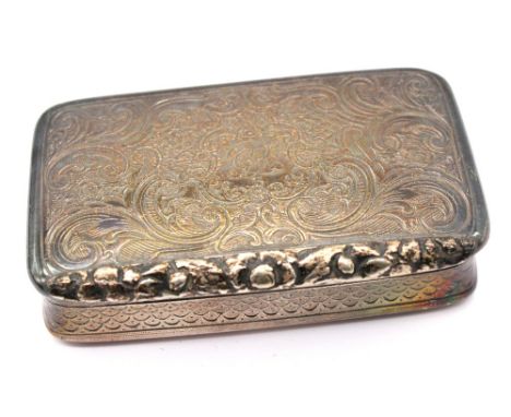 A George III silver snuff box, of oblong shape with engraved scrolled decoration engraved initials, and foliate cast opening,