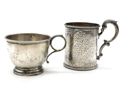 A late Victorian silver christening mug, finely engraved with flowers and foliage, with scrolled handle and gilt interior , h