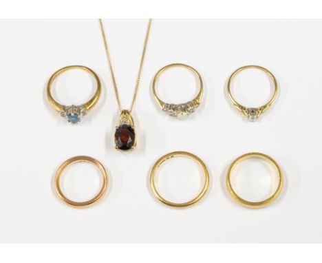A collection of gold jewellery to include am 18ct gold band with milled sides, width approx 4mm, size L1/2, weight approx 4.2