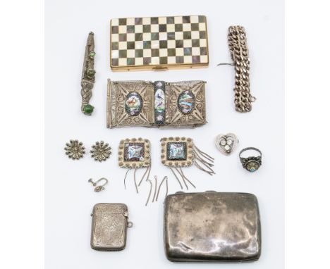A collection of silver and white metal jewellery including a white metal enamel and filigree panel bracelet width approx 45mm