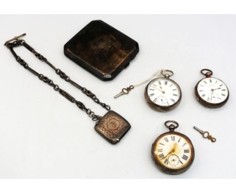 A small collection of three silver open faced pocket watches to include a H Samuel, together with a silver fetter link watch 