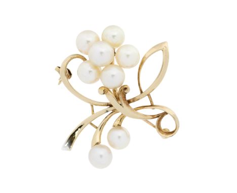 A 14ct gold and cultured pearl spray brooch, length approx 38mm, pin and roller clasp, total gross weight approx 9.5gms.  Fur