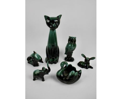 Blue Mountain Pottery (BMP) - Six green glazed ceramic animals , including a Large cat , swan, elephant, dolphin, owl and a f