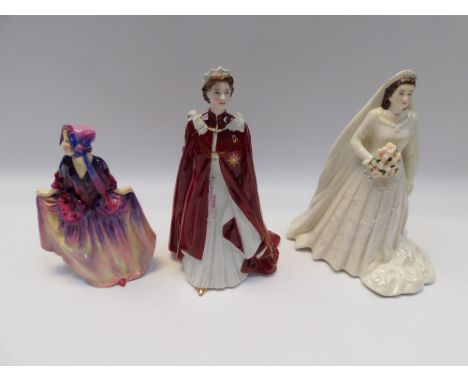 3 China figures to include Royal Doulton Sweet Anne HN 1496 , A Royal Worcester Queen Elizabeth II with a Royal Worcester Que