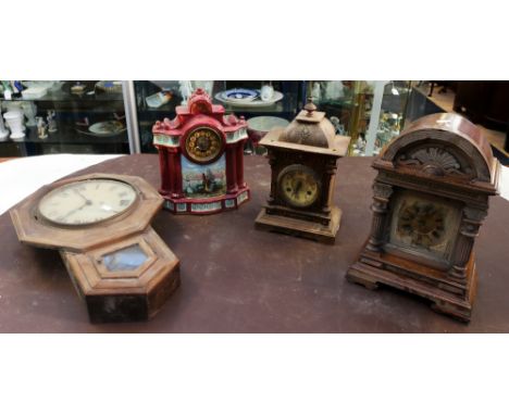 Two late 19th Century 8 day mantle clocks, a 19th Century wall hangng 8 day clock with a 19th Century ceramic mantle clock.