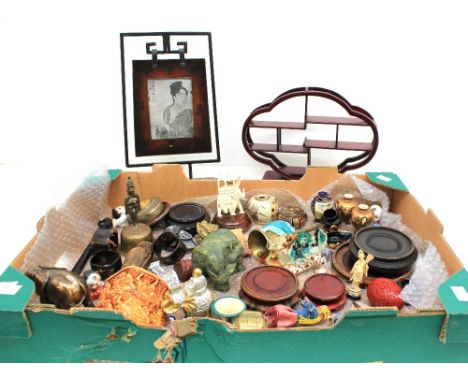 A collection of mixed Chinese and far eastern items to include treen stands, display stand, print in Chinese stand, soapstone