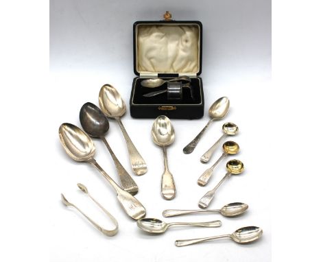A collection of silver flatware to include; three different early to mid 19th century silver table spoons, London, 1813; 1829