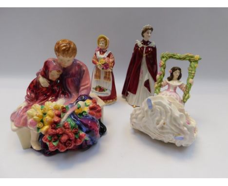 A group of 4 figures , to include 3 Royal Doulton , Flower Sellers Children HN 1342, Blossom Time HN 5096 , Old Country Roses
