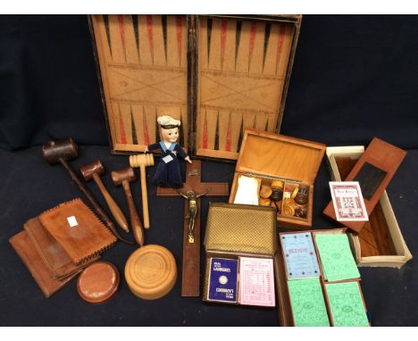 A collection of vintage card games, fold over chess board, crucifix, gavels, German pipe, wallets etc including sailor doll b