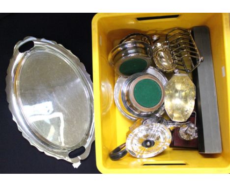 A small collection of silver plate to include; oval tray with twin handles; three piece tea set; sugar bowl with handle; toas
