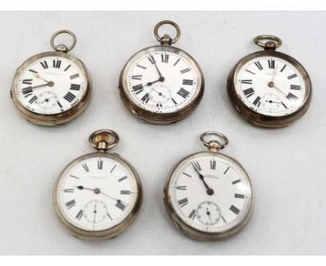 A collection of five silver cased pocket watches to include four open faced with enamel dials, numeral markers, subsidiary di