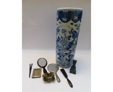 A large 20th Century Chinese Blue and White ceramic stick stand with a Four Clawed dragon (damage and hole to base) along wit