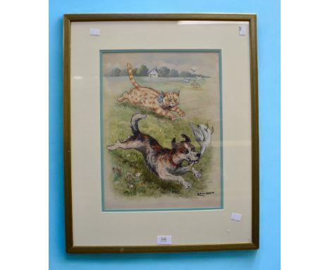 Louis Wain (1860-1939) signed watercolour of the dog who ran away with the goose, exhibited in New York art gallery 1986, 40c