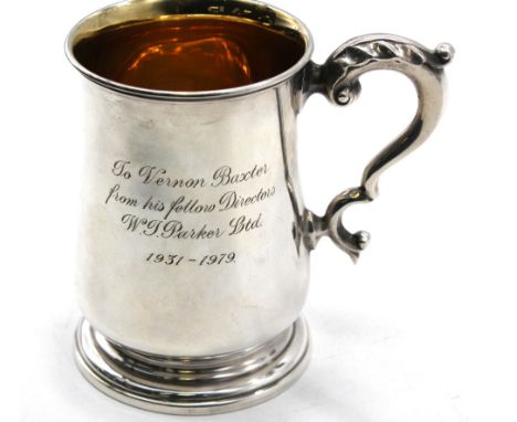 An Elizabeth II silver baluster mug, engraved "To Vernon Baxter from his fellow Directors W.J. Parker Ltd, 1931-1979", with s