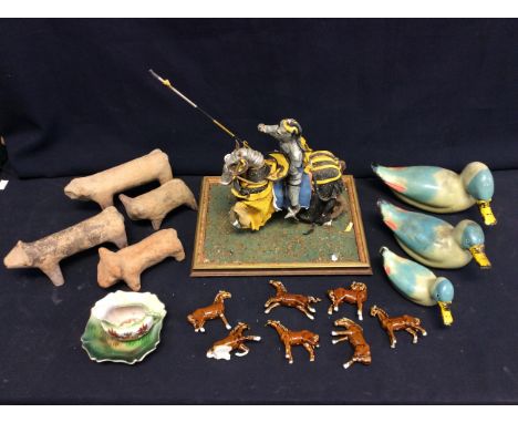 Decoy ducks, clay animals, ceramic horses, dish with jug and a knight on horse.