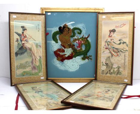A set of four Chinese watercolours on silk, all depicting ladies in colourful dresses, all of rectangular scroll-like shape, 