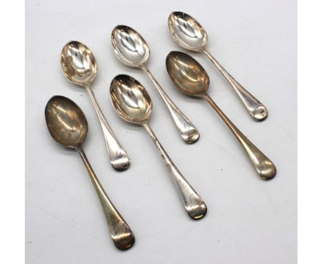 A set of six George V silver dessert spoons, each initialled J to terminal, hallmarked by Robert Pringle, London, 1931, each 