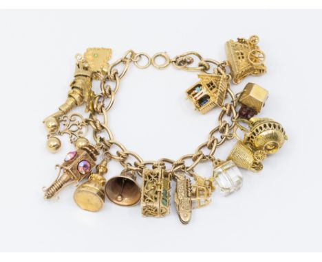 A vintage 9ct gold fancy link hallmarked bracelet, width approx 9mm, with bolt clasp, length approx 21cm, suspending sixteen 