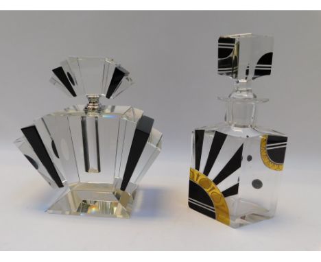 An Art Deco faceted glass and enamel and gilt detail decanter attributed to Karl Pald (Bohemian). Together with a large repro