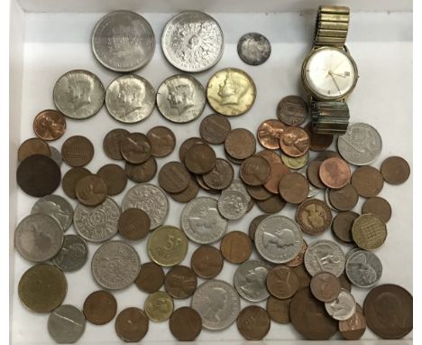 Small Coin Collection, includes four Silver Clad Kenady Half Dollars of the 1960s, William III Silver Sixpence, Accurist Wris