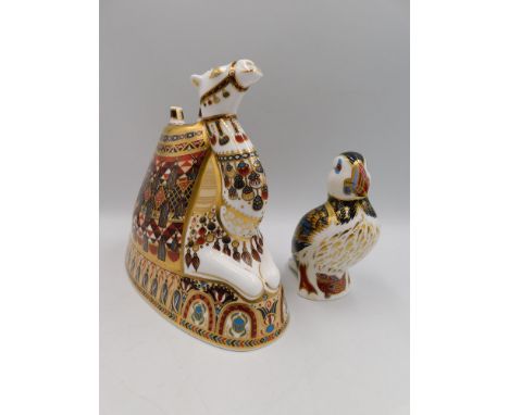 2 Royal Crown Derby Paperweights to include a Large Camel approximate height 17.5cm and a puffin both with silver stoppers, i