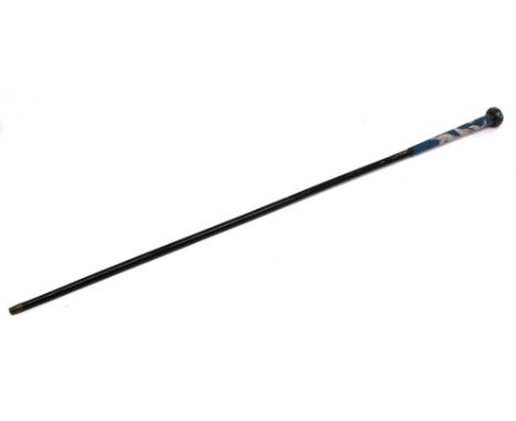 A late 19th / early 20th century Chinese cloisonné enamel topped and mounted ebonised wooden walking stick, enamel depicting 