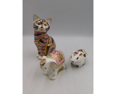 Three boxed Royal Crown Derby paperweights to include riverbank vole, silver tabby cat, baby Indian elephant, with boxes, all