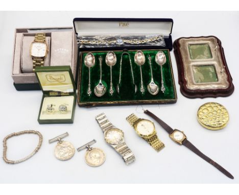 A collection of items to include a cased set of plated Apostle spoons, silver double picture frame, various cufflinks, includ