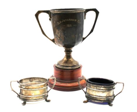 A George V silver twin handled trophy, engraved "Old Johannian Cup, 1931", hallmarked by Adie Bros, Birmingham, 1930, approx.