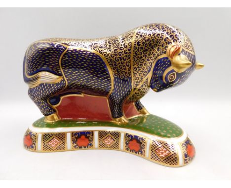 A Royal Crown Derby paperweight of a&nbsp;Grecian Bull , approximate height 13cm , silver stopper in good condition with no c